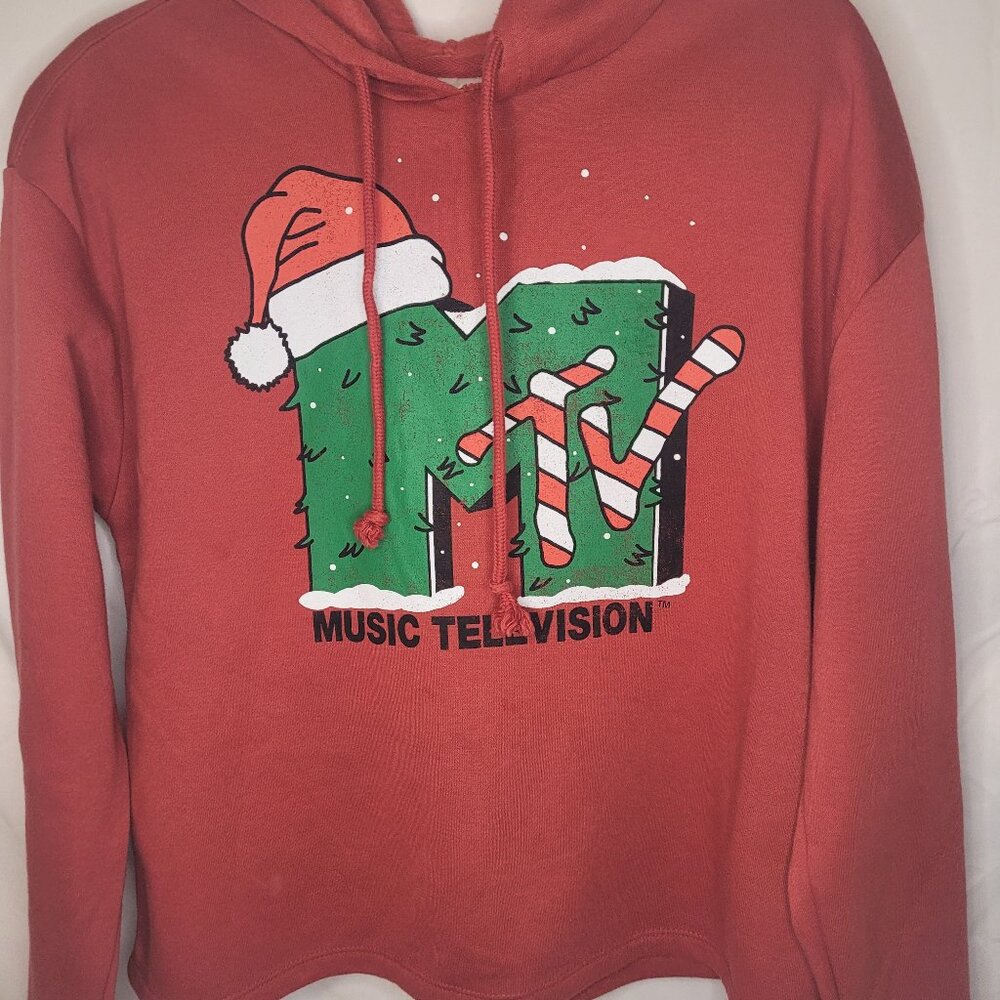 MTV Music Television Red Hooded Sweatshirt Hoodie - size Large - Christmas